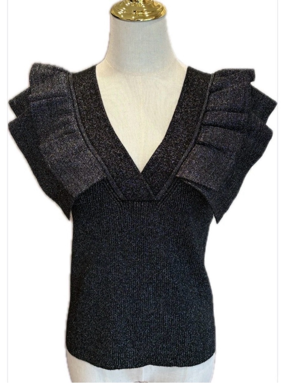 Anthropologie Maeve NWT Black Metallic Ruffle  V-Neck  Rib Knit Top L